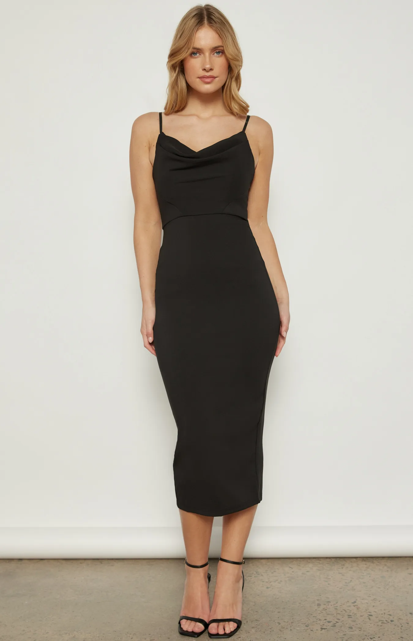 Cowl Neckline Bodycon Midi Dress in Stretch Fabric (SKU: WDR715A)