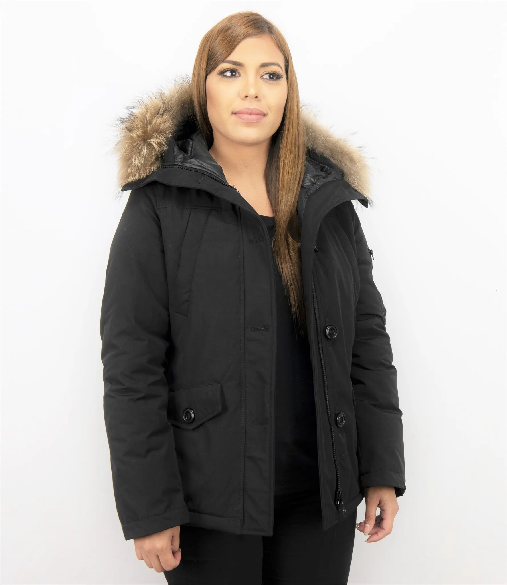 Women's Winter Coat with Fur Collar - Short Parka Stitch Bag in Black.