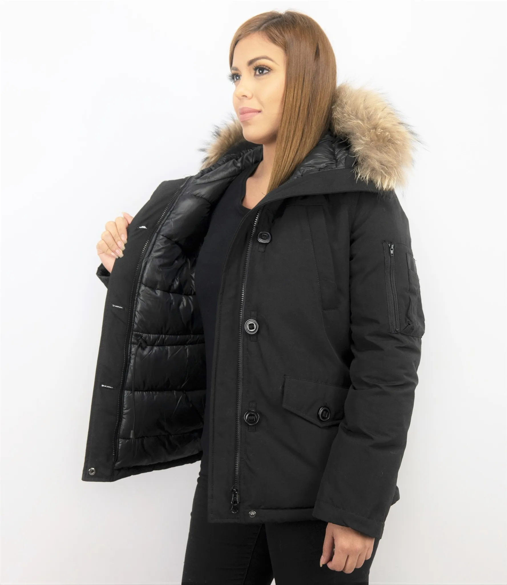 Women's Winter Coat with Fur Collar - Short Parka Stitch Bag in Black.