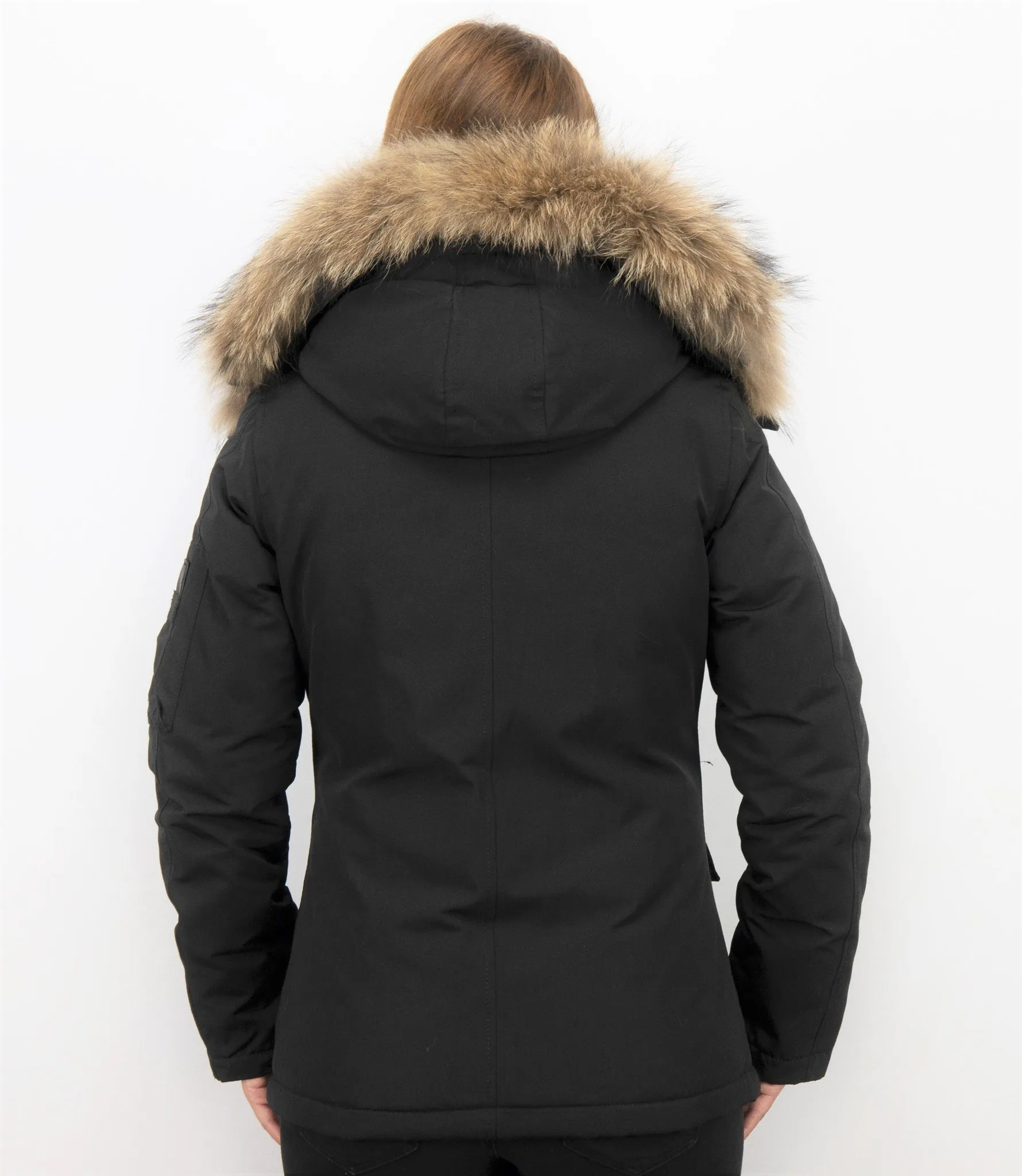 Women's Winter Coat with Fur Collar - Short Parka Stitch Bag in Black.