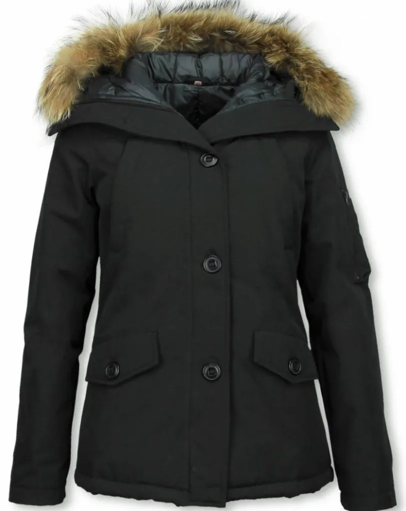 Women's Winter Coat with Fur Collar - Short Parka Stitch Bag in Black.