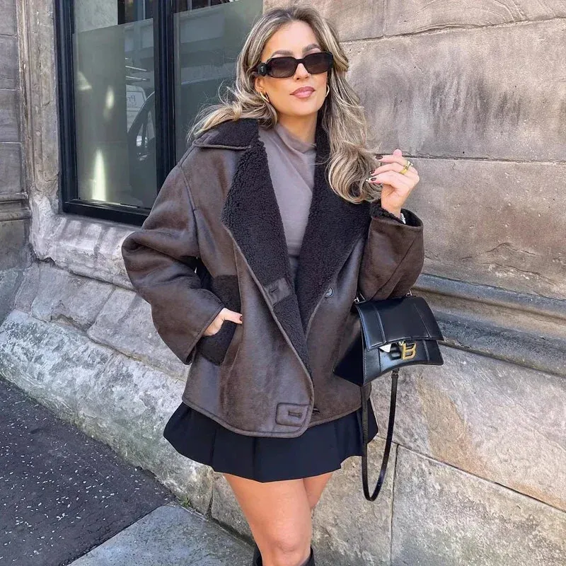 Thick Faux Leather Plush Coat for Women - Outerwear