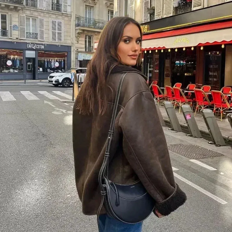 Thick Faux Leather Plush Coat for Women - Outerwear