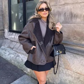 Thick Faux Leather Plush Coat for Women - Outerwear