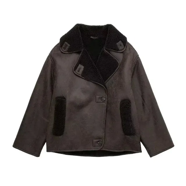 Thick Faux Leather Plush Coat for Women - Outerwear