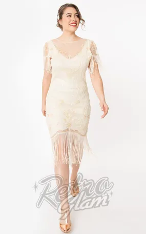 1920s Nadine Flapper Dress in Ivory by Unique Vintage - Left Only in Size L