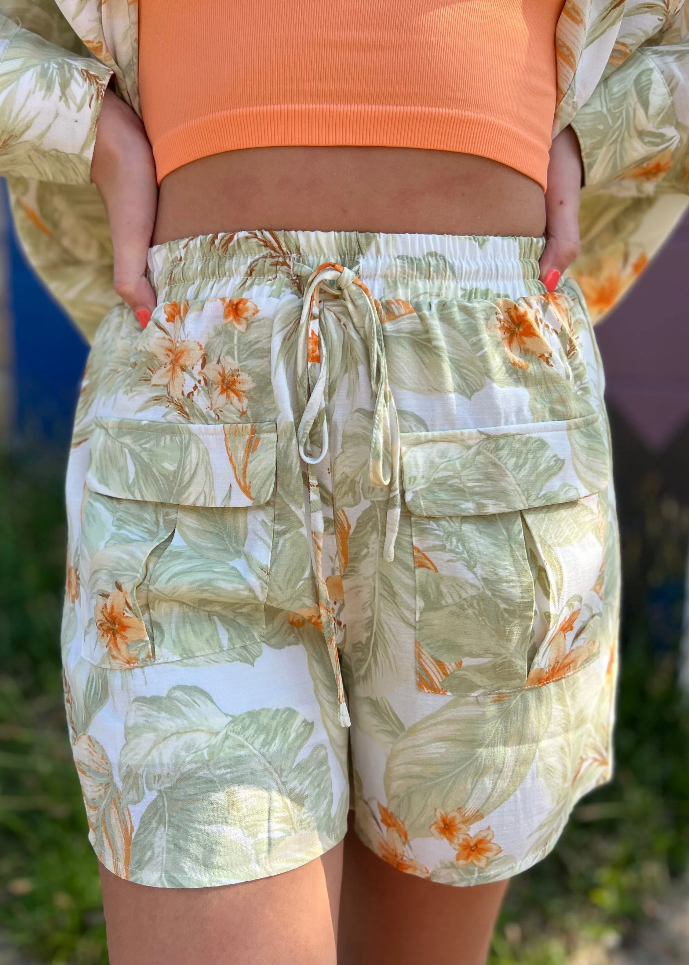 White & Green Tropical Oasis Floral Shorts