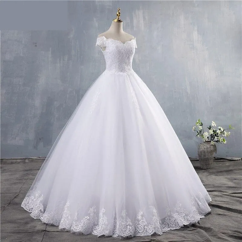 White Ivory Off the Shoulder Sweetheart Wedding Dresses with Bottom Lace