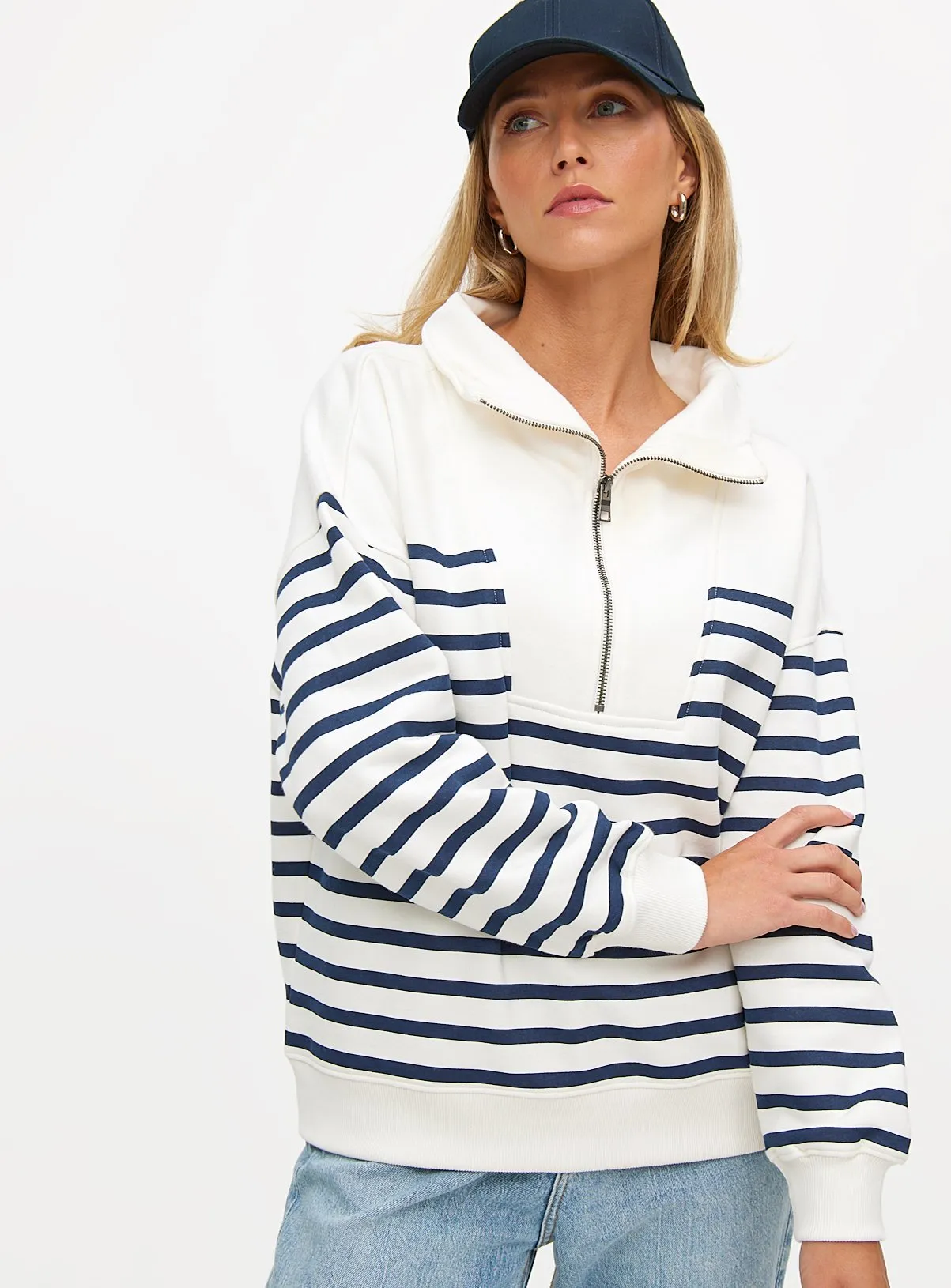 White Navy Stripe Half Zip Sweatshirt XXL - Shop Hoodies and sweatshirts at Tu