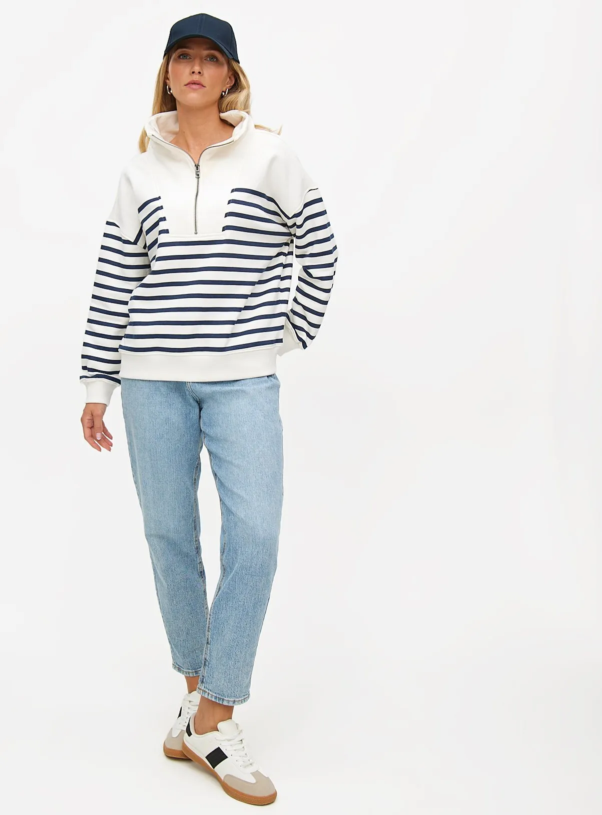 White Navy Stripe Half Zip Sweatshirt XXL - Shop Hoodies and sweatshirts at Tu