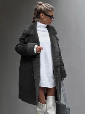 Winter Coat Lapel Plush Sleeves Solid Color Fall Winter Outerwear Women