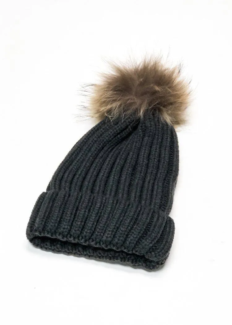 Winter Charcoal Fur Beanie - Final Sale