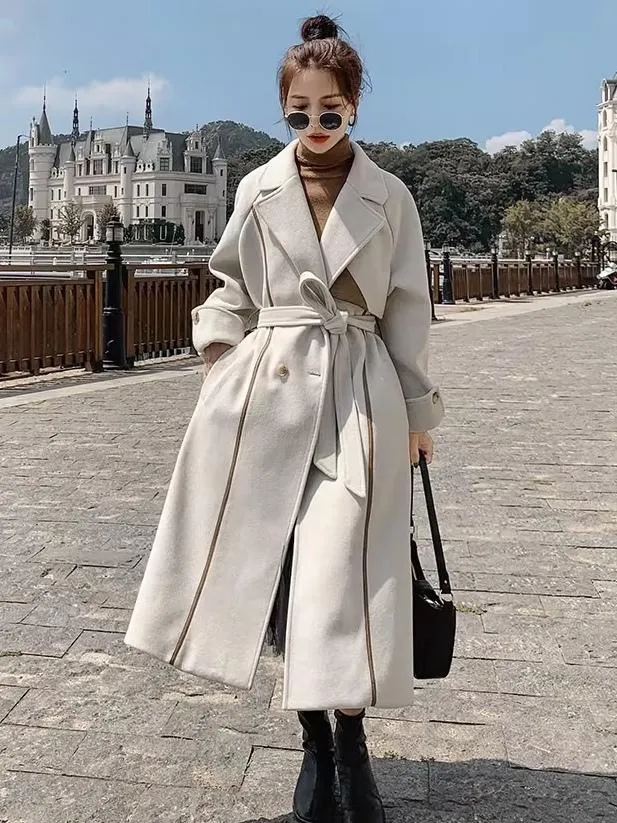 Woman Ecru White Overcoat with Lapel and Belt - Classic Winter Outerwear