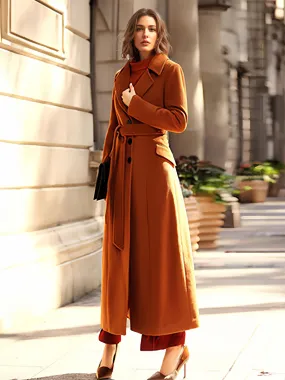 Coffee Brown Wool Blend Wrap Coat with Turndown Collar for Women