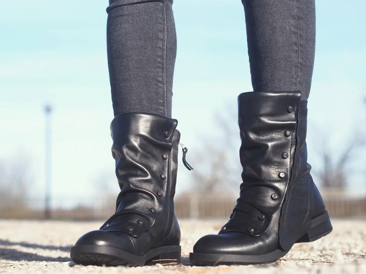 Black leather winter boots for women