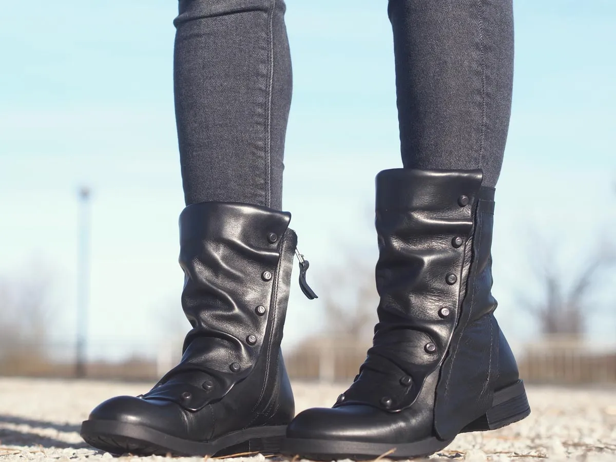 Black leather winter boots for women