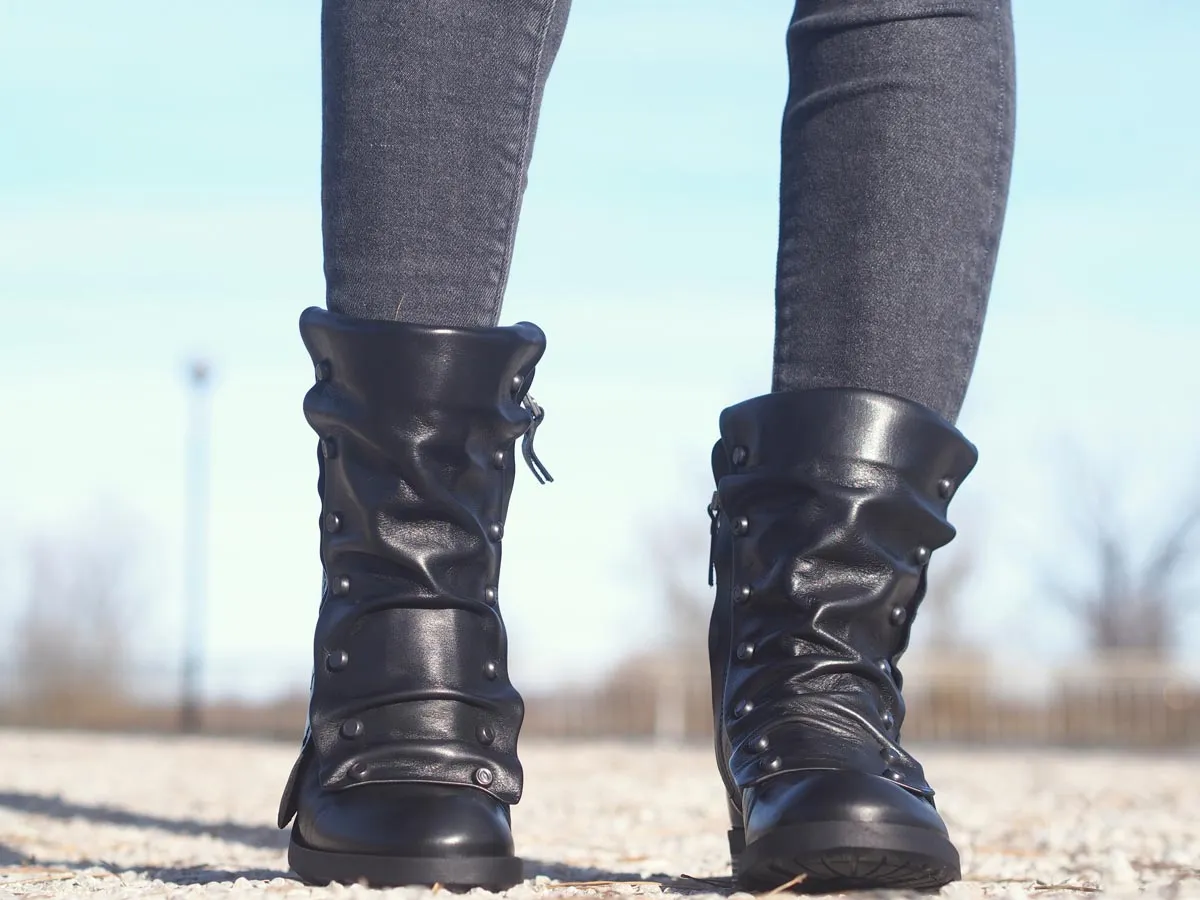 Black leather winter boots for women