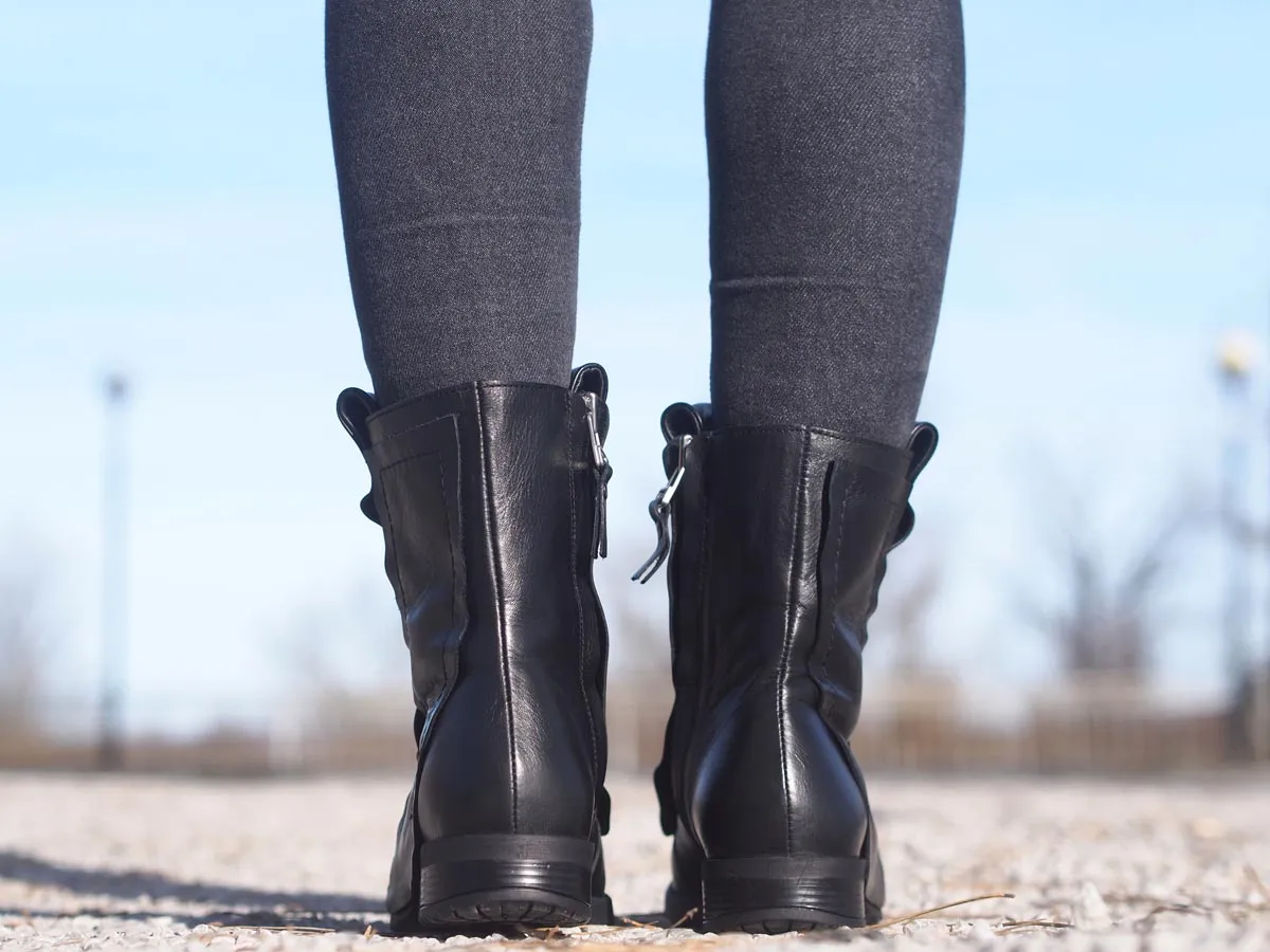 Black leather winter boots for women