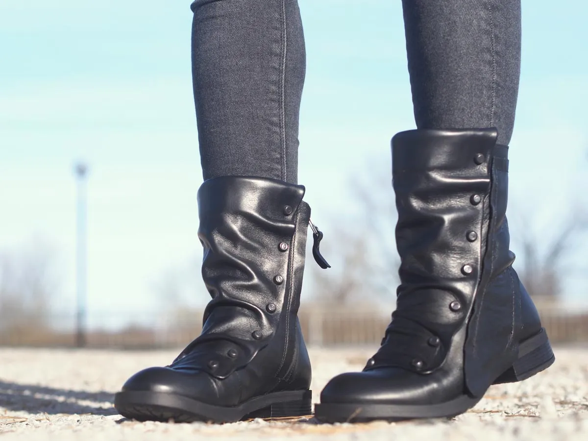 Black leather winter boots for women