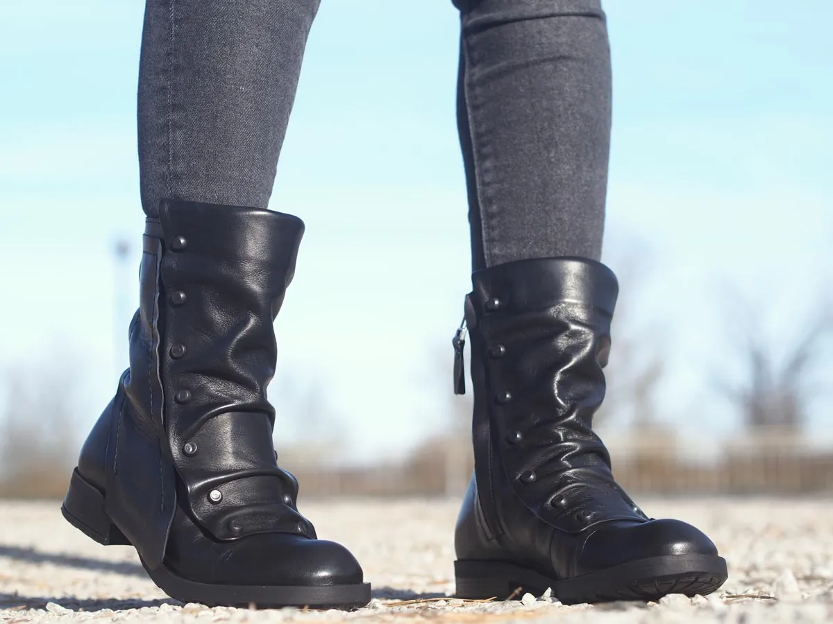 Black leather winter boots for women