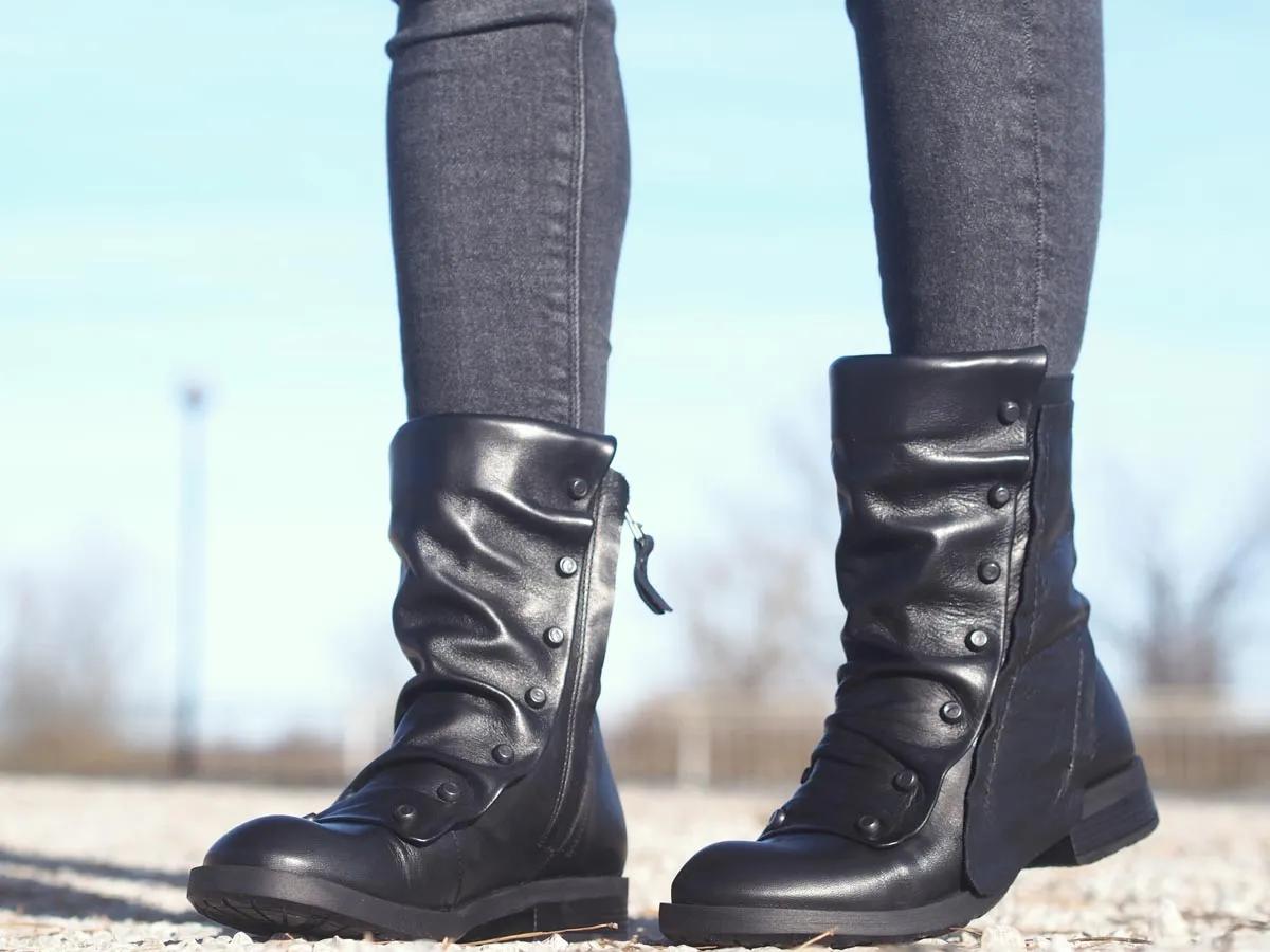 Black leather winter boots for women