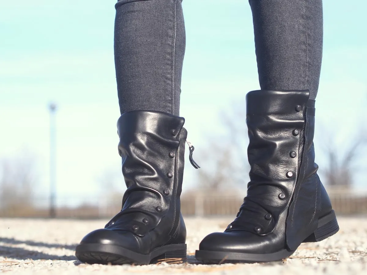 Black leather winter boots for women