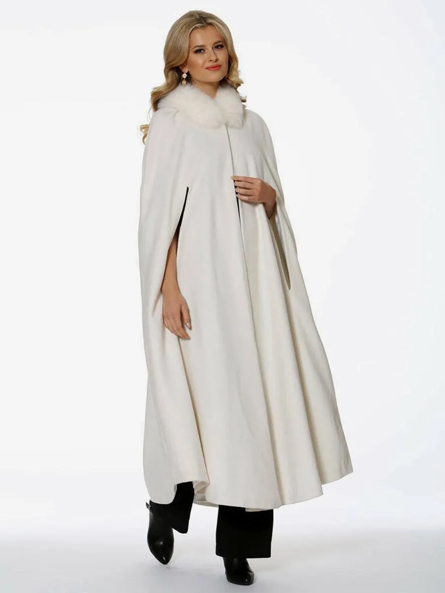 Women's Ivory Oversized Hooded Poncho, Full Length Faux Fur Cape.