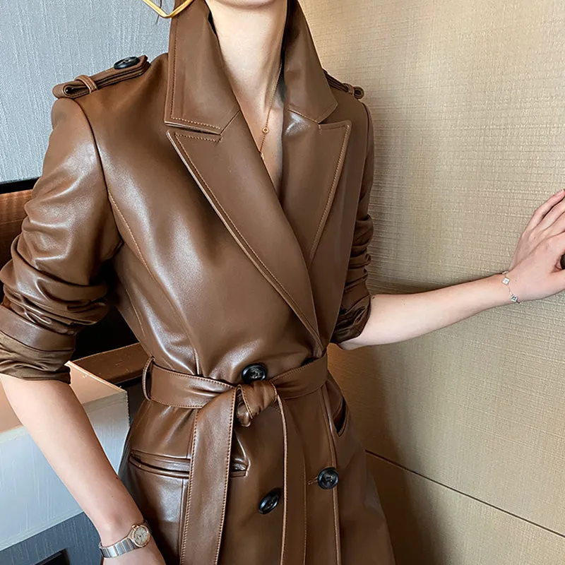 Women's Leather Trench Coat by MBluxy Jacket