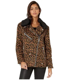 Women's Leopard Wool Blend Biker Jacket with Faux Sherpa Trim by Avec Les Filles