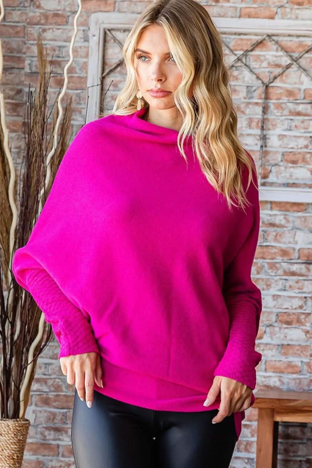 Women's Oversized Sweater with Asymmetric Hemline and Dolman Sleeves