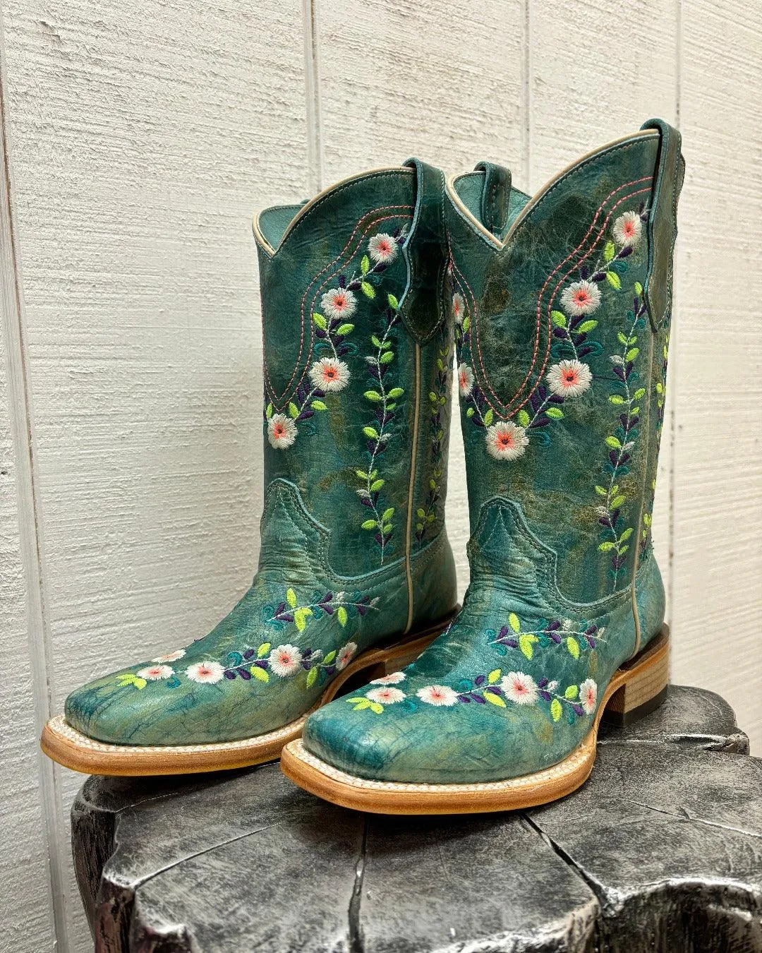 Youth/Teen Turquoise Embroidered Cowgirl Boots Square Toe T0158