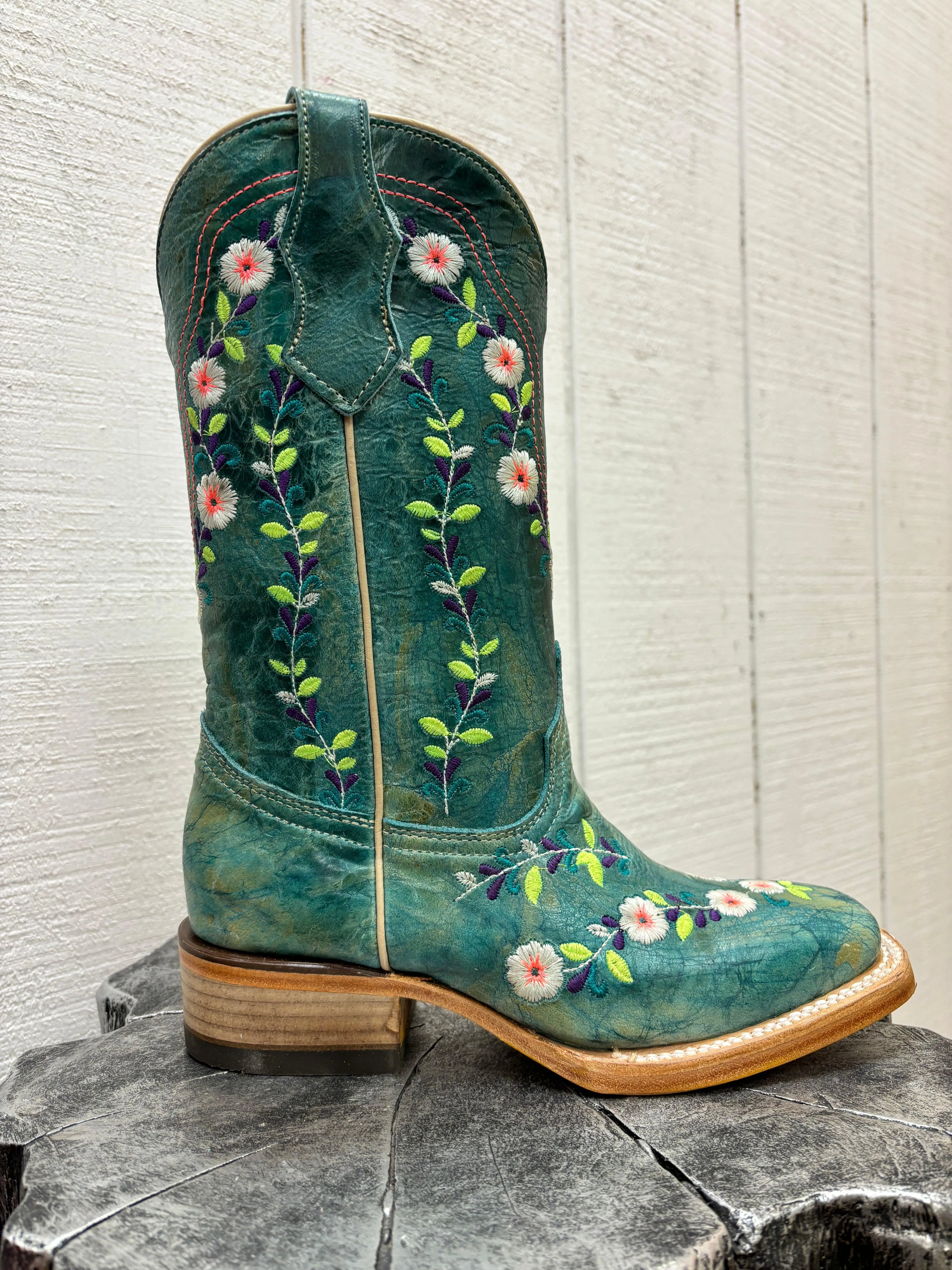 Youth/Teen Turquoise Embroidered Cowgirl Boots Square Toe T0158