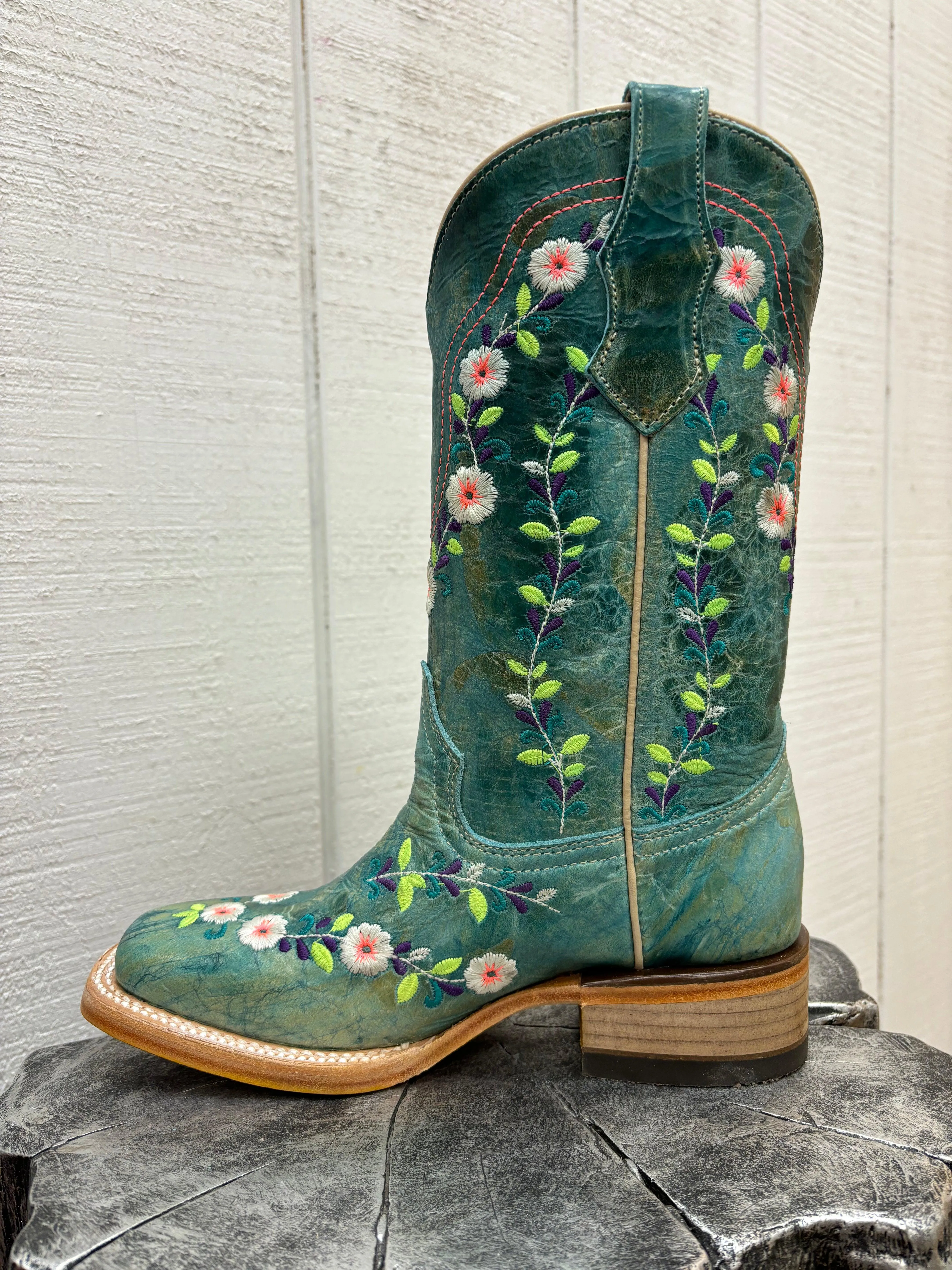 Youth/Teen Turquoise Embroidered Cowgirl Boots Square Toe T0158