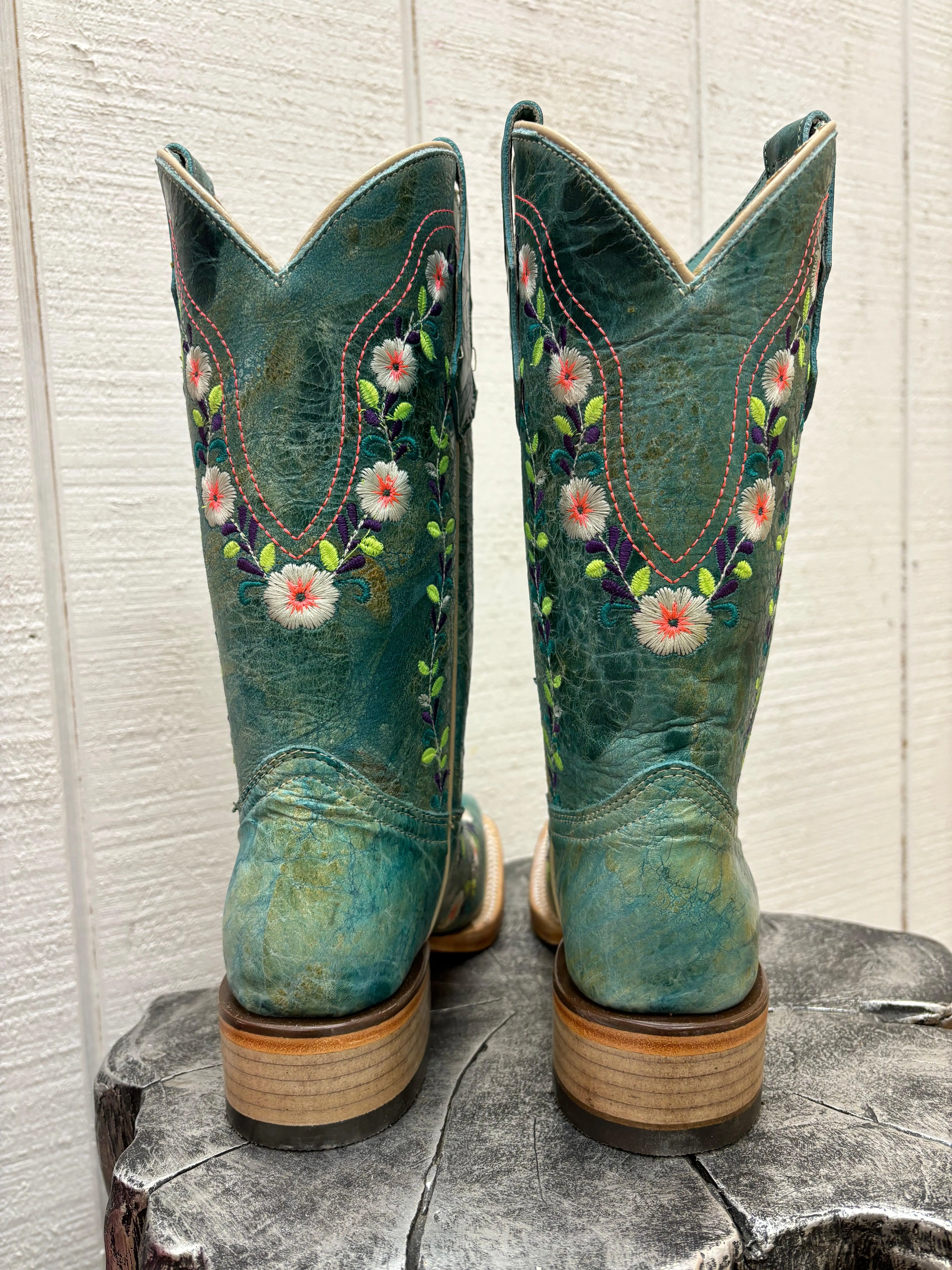 Youth/Teen Turquoise Embroidered Cowgirl Boots Square Toe T0158